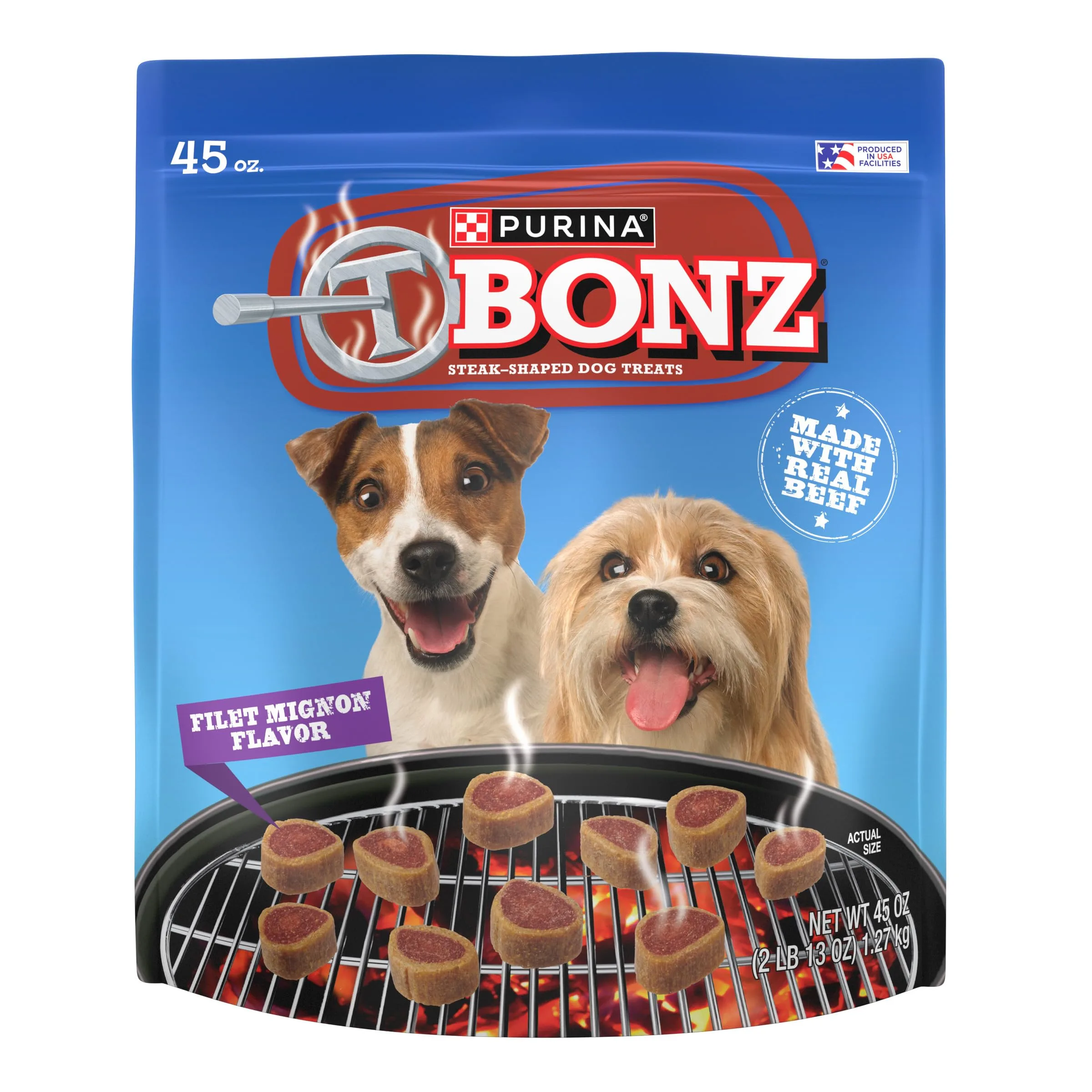 Purina T-Bonz Filet Mignon Flavor Steak Shaped Treats for Dogs, 45 Oz Pouch (Pack of 2)